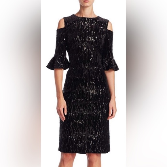 Teri Jon black Sequined Cold Shoulder Velvet Dress size 4 - Picture 1 of 13